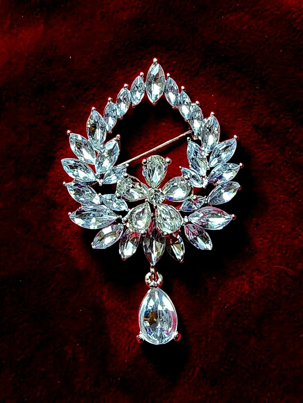 Crystal Teardrop Floral Brooch - Clear Silver Tone
